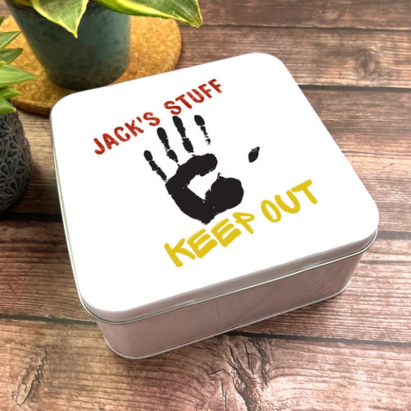 Square Boys Stuff Keep Out Bits and Bobs Personalised Kids Storage Tin – The Card Zoo