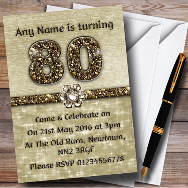 Titanium Gold Sparkly 80th Personalised Birthday Party Invitations – The Card Zoo