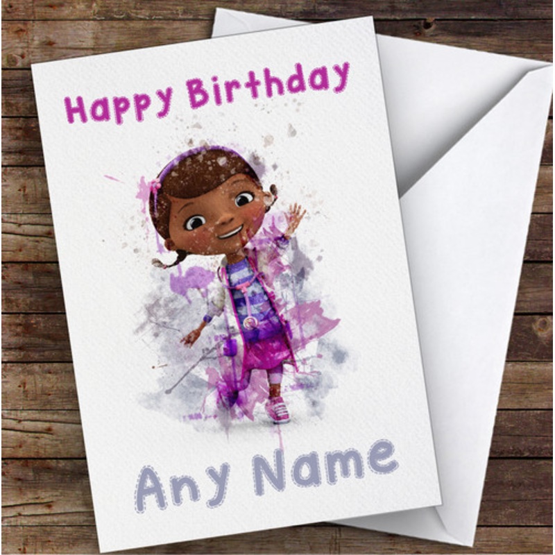 Watercolour Splatter Doc Mcstuffins Children’s Kids Personalised Birthday Card – The Card Zoo