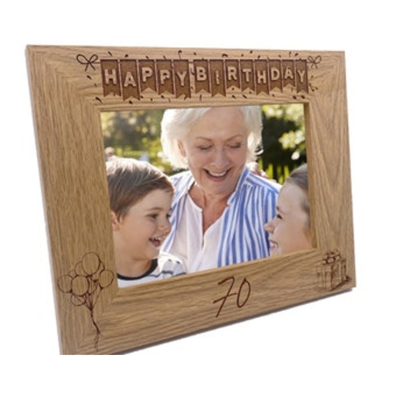 70th Birthday Photo Frame Landscape Wooden Engraved Bunting Style Gift