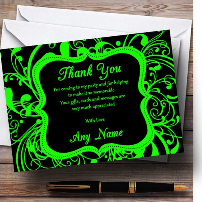 Black and Green Swirl Deco Personalised Birthday Party Thank You Cards – The Card Zoo