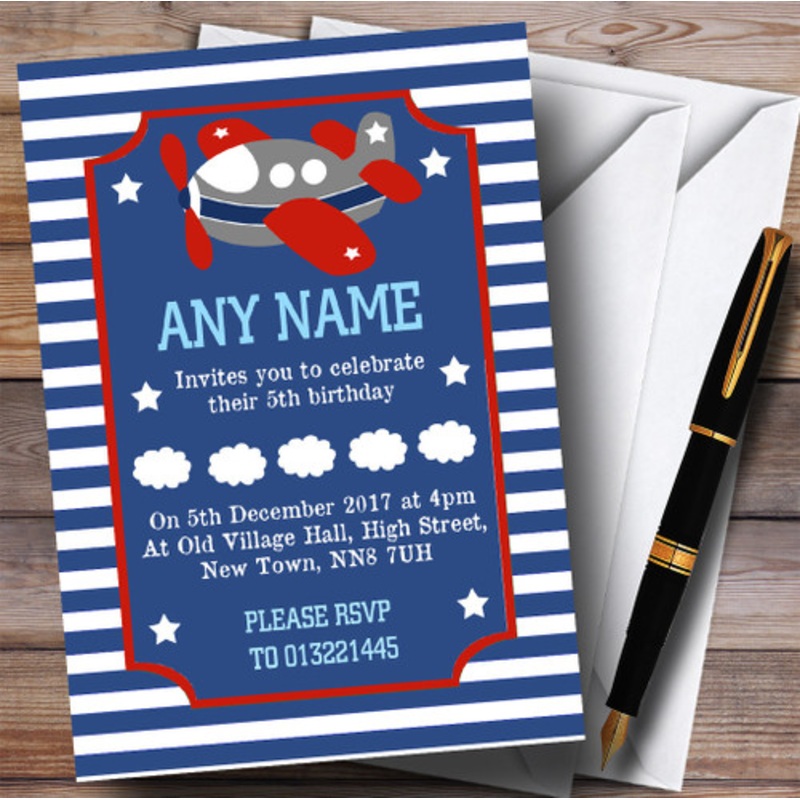 Blue and Red Striped Plane Children’s Birthday Party Invitations – The Card Zoo