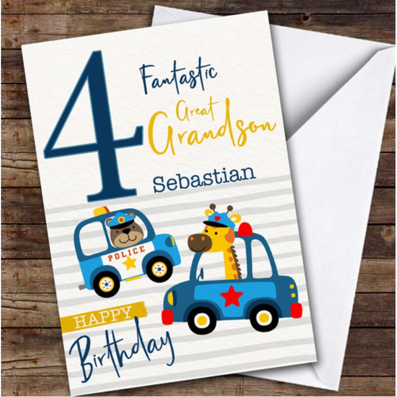 Great Grandson 4th Animal Police Cars Boys Custom Personalised Birthday Card – The Card Zoo