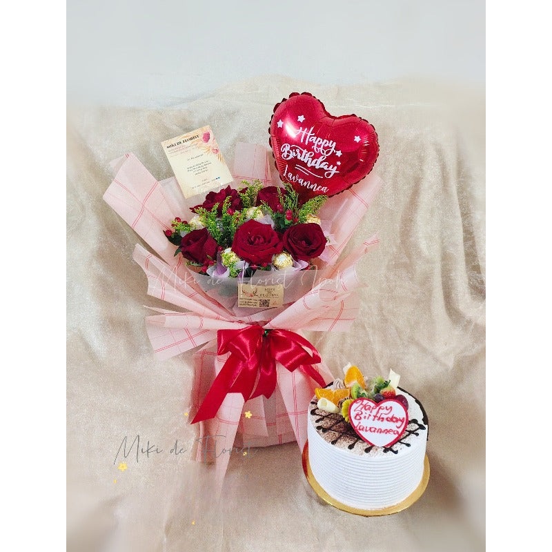 6 Fresh Roses With Ferrero Rocher & Homemade Cake (Ipoh Delivery Only)