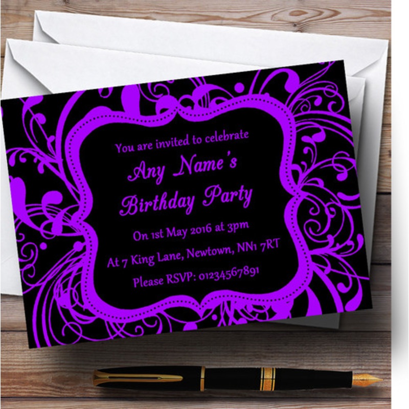 Black and Purple Swirl Deco Personalised Birthday Party Invitations – The Card Zoo