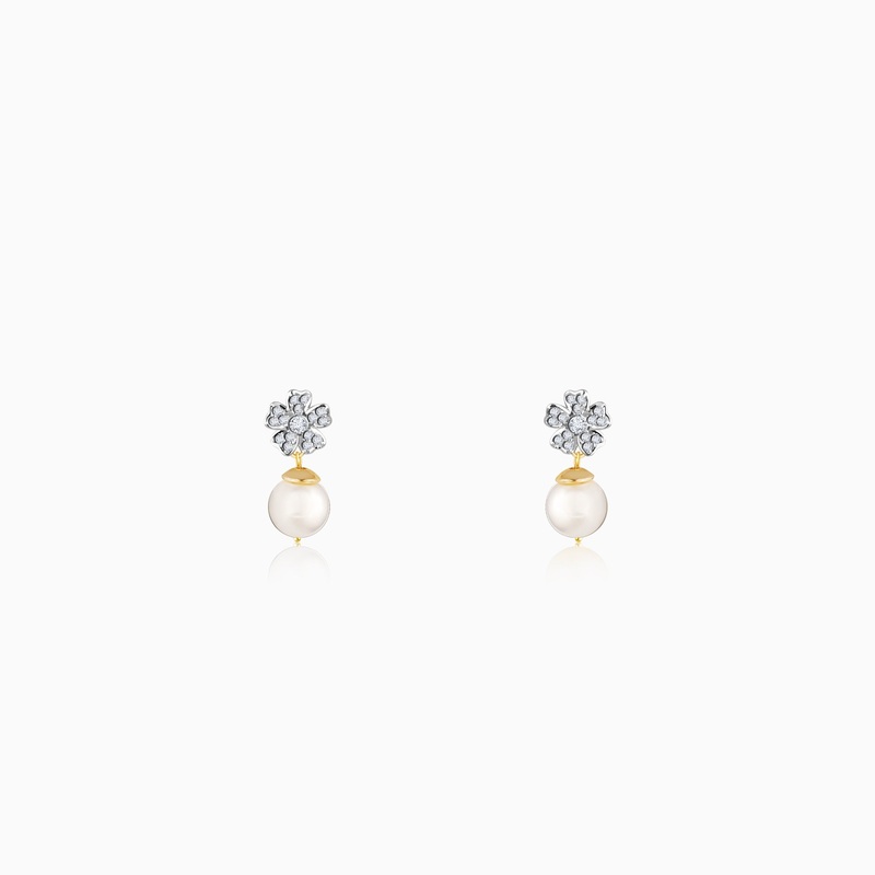 Gold Floral Pearl Diamond Earrings