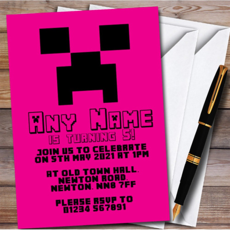 Minecraft Creeper Hot Pink Children’s Personalised Birthday Party Invitations – The Card Zoo