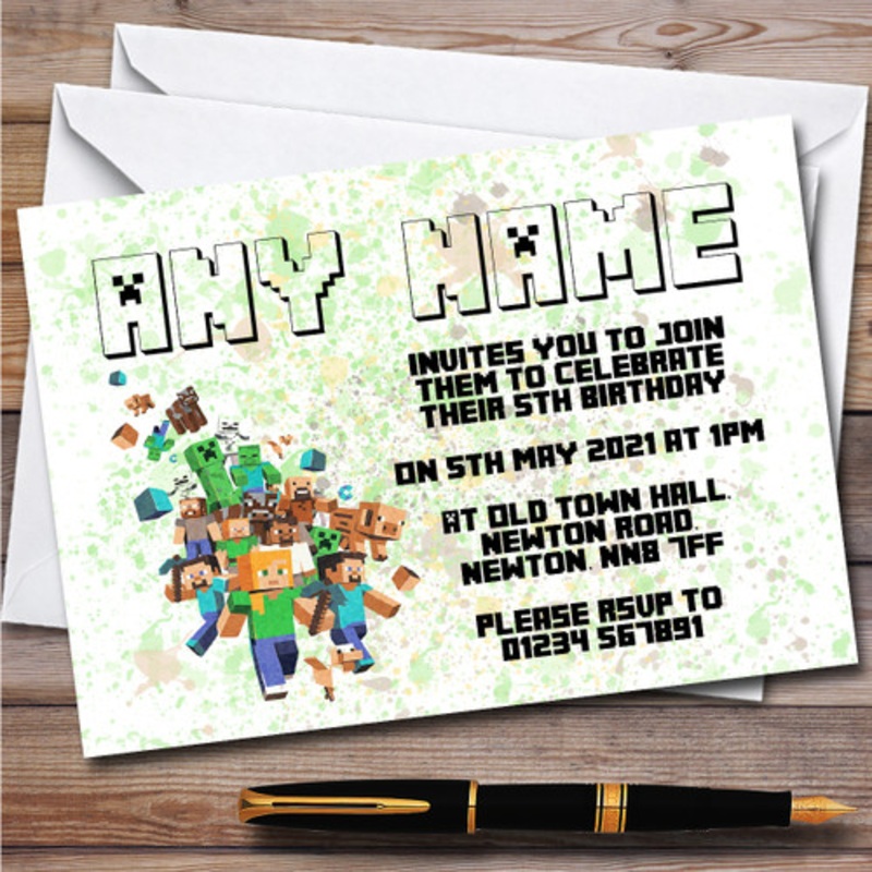 Minecraft Let The Fun Begin Splatter Art Children’s Birthday Party Invitations – The Card Zoo