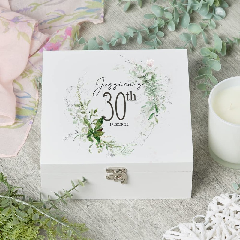 Personalised 30th Birthday Keepsake Wooden Box Gift With Botanical Design
