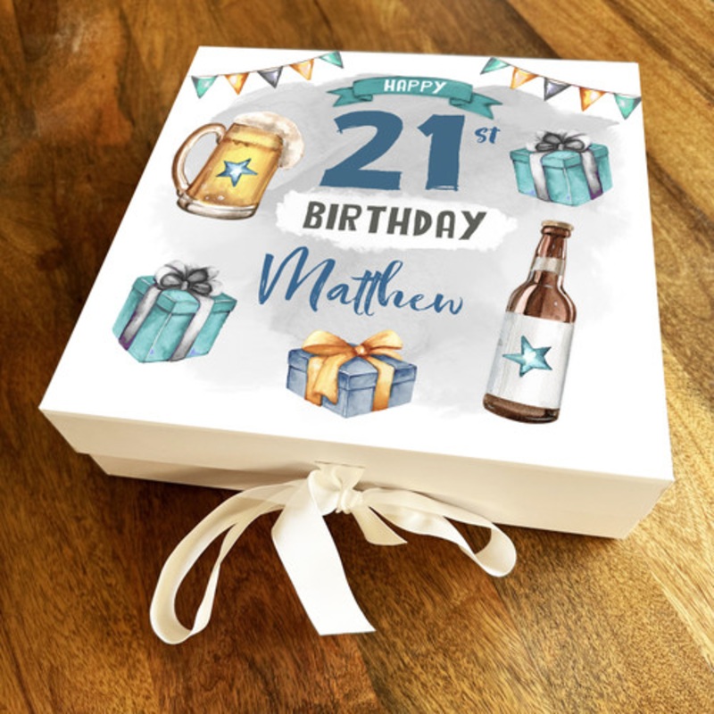 Beer Blue Teal Cheers Gift Any Age 21st Square Personalised Birthday Gift Box – The Card Zoo