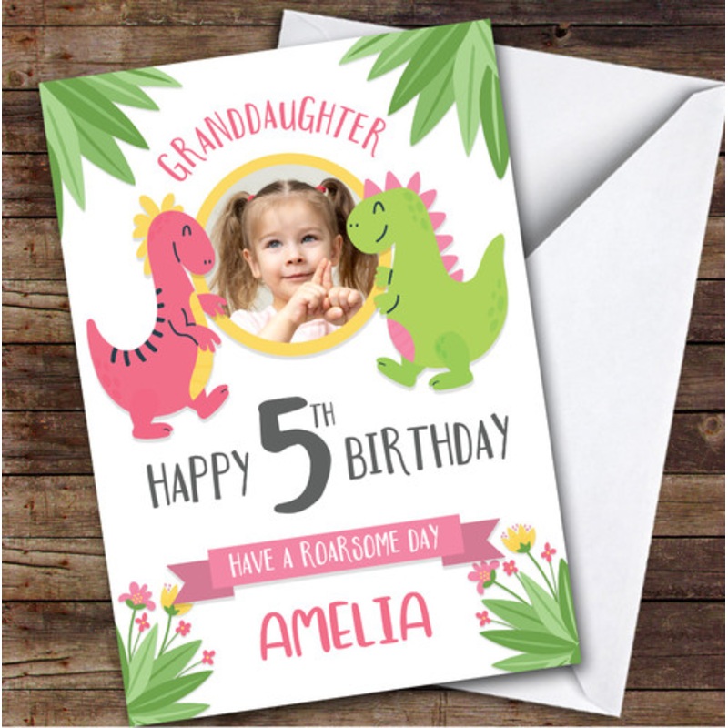Dinosaur Pink Photo Granddaughter 5th Custom Personalised Birthday Card – The Card Zoo