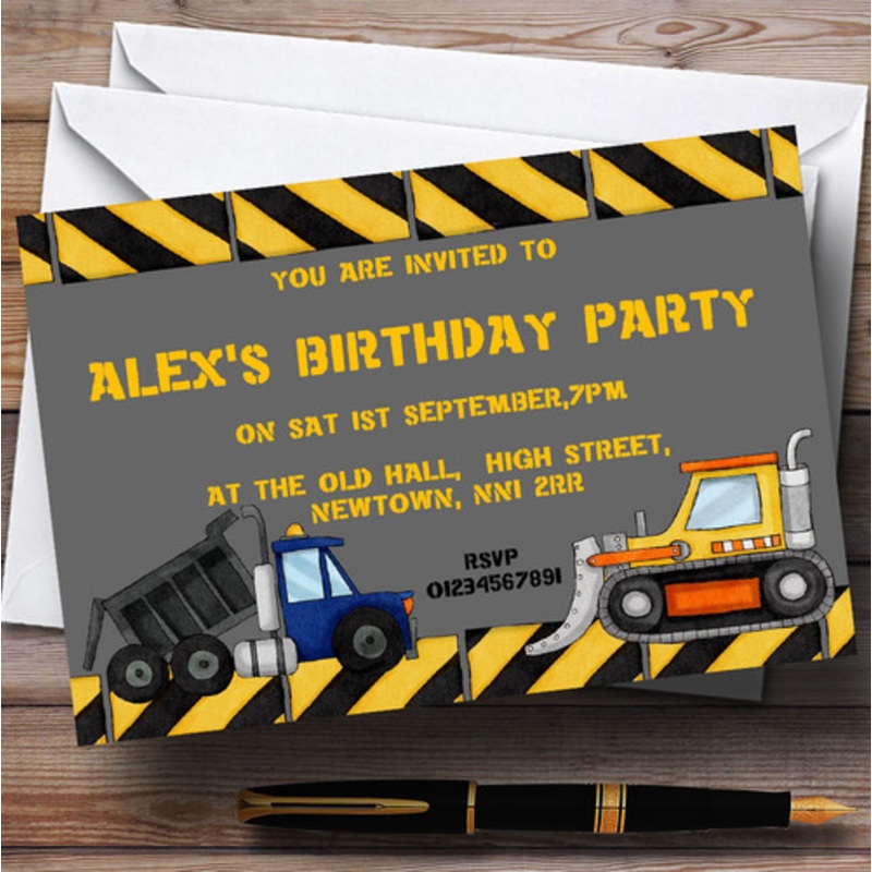 Dumper Truck, Tractor And Digger Theme Personalised Birthday Party Invitations – The Card Zoo