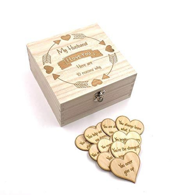 Husband Gift 10 Reasons why I Love You Wooden Box and Hearts