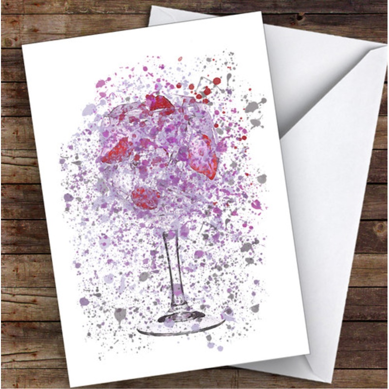 Watercolour Splatter Violet Purple Gin and Strawberries Glass Birthday Card – The Card Zoo