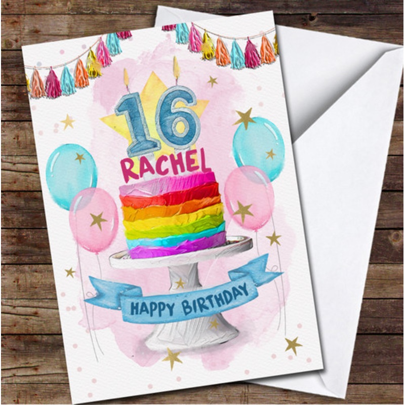 16th Rainbow Stripe Cake Balloons Sweet Sixteenth Personalised Birthday Card – The Card Zoo
