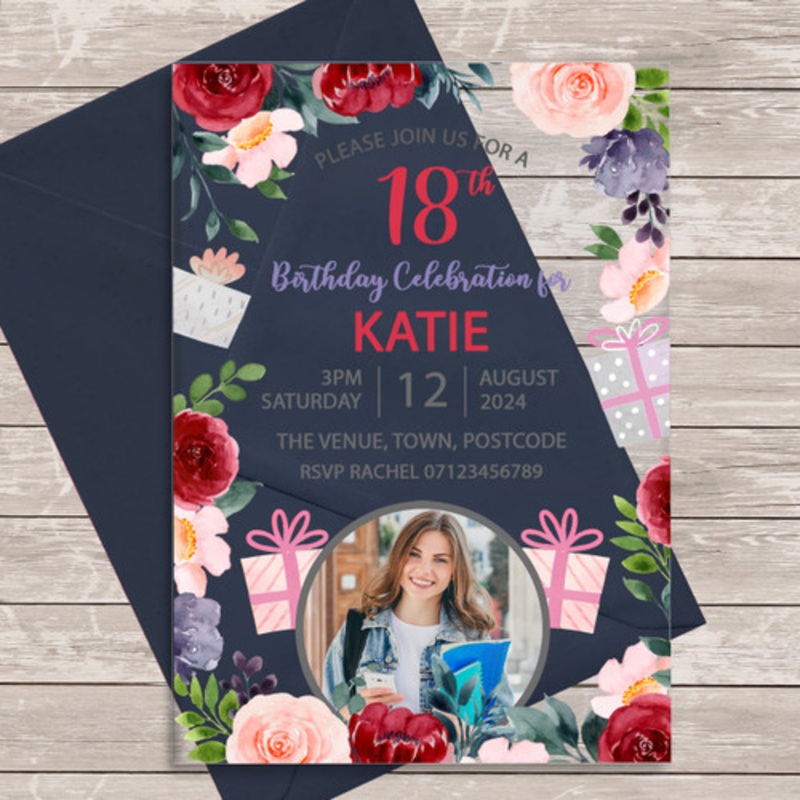 18th Or Any Age Photo Red Pink Floral Acrylic Clear Birthday Party Invitations – The Card Zoo