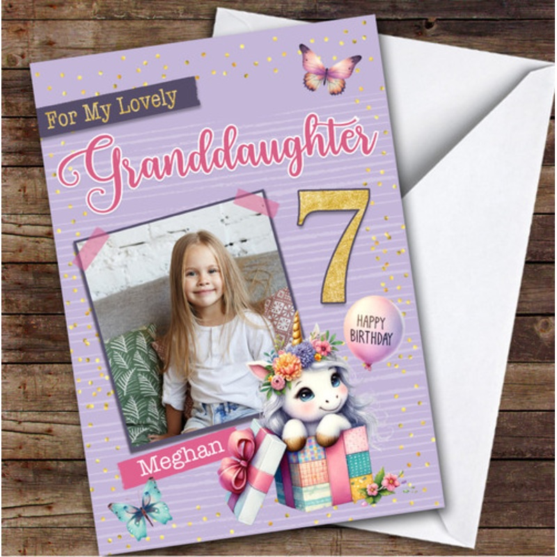 7th Granddaughter Purple Unicorn Photo Custom Personalised Birthday Card – The Card Zoo