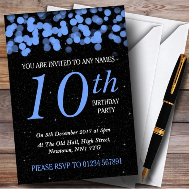 Blue Bokeh and Stars 10th Personalised Birthday Party Invitations – The Card Zoo