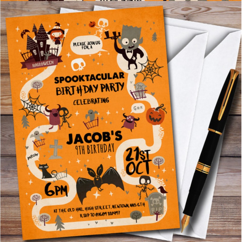 Orange Spooky Halloween Personalised Children’s Kids Birthday Party Invitations – The Card Zoo