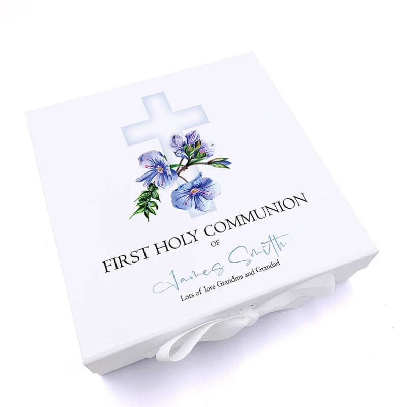 Personalised First Holy Communion Blue Cross Keepsake Memory Box Gift