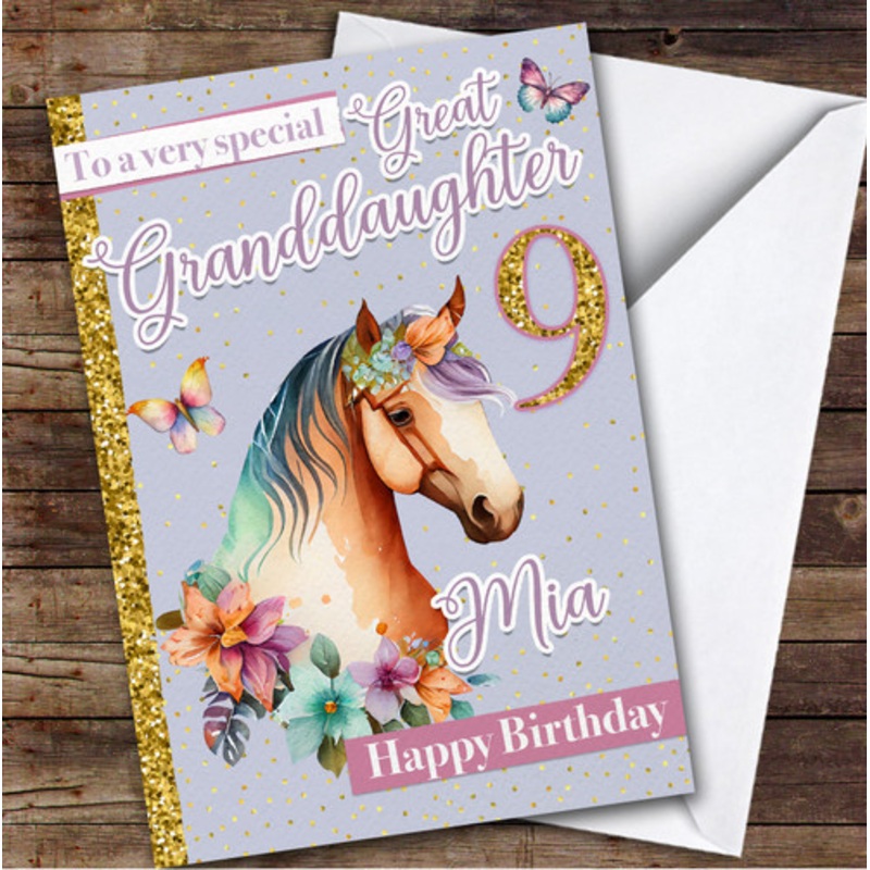 Great Granddaughter 9th Floral Horse Riding Fan Girls Personalised Birthday Card – The Card Zoo