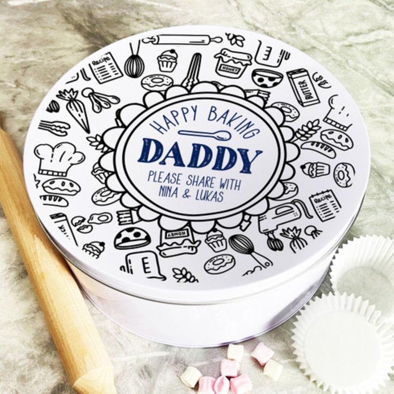 Happy Baking Doodles Daddy Round Personalised Gift Baking Cake Tin – The Card Zoo