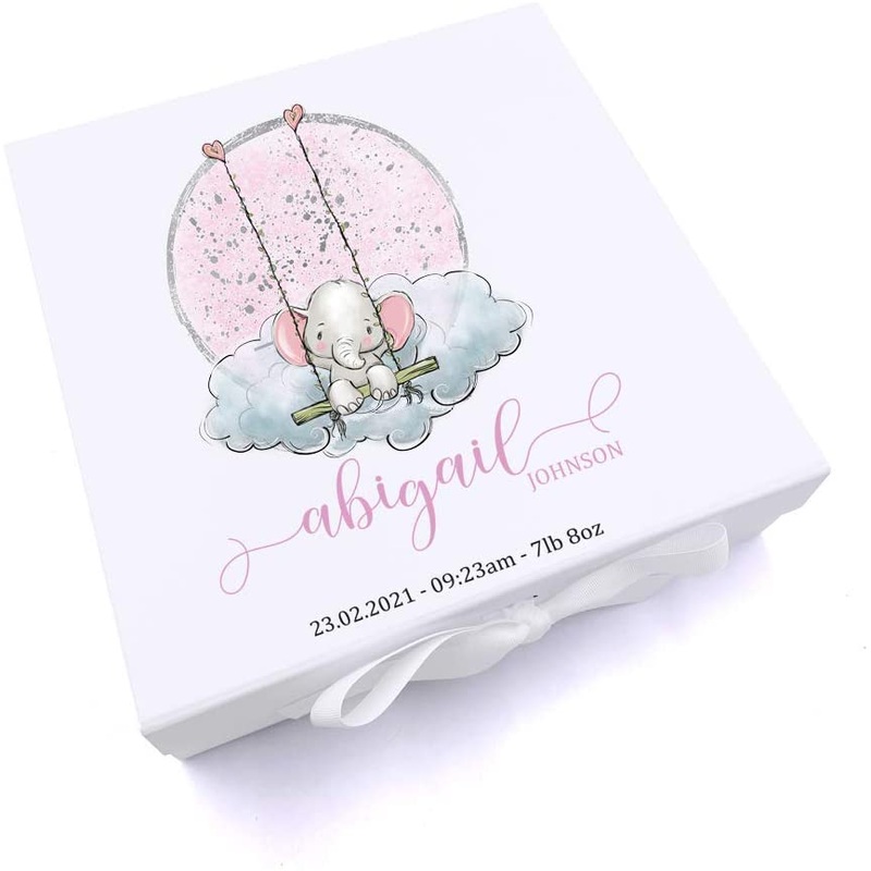 Personalised Baby Girl Gift Keepsake Memory Box Elephant On Swing