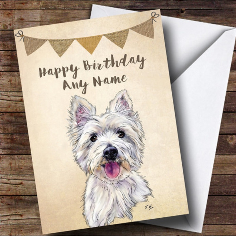 Vintage Burlap Westie West Highland Terrier Dog Personalised Birthday Card – The Card Zoo