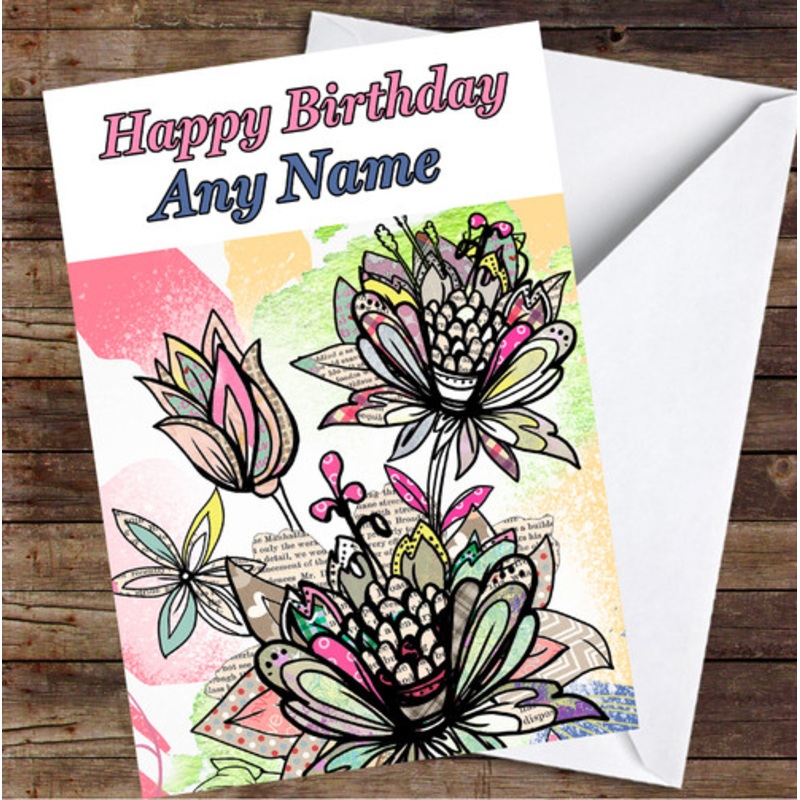 Abstract Vintage Flowers Colourful Leaves Personalised Birthday Card – The Card Zoo