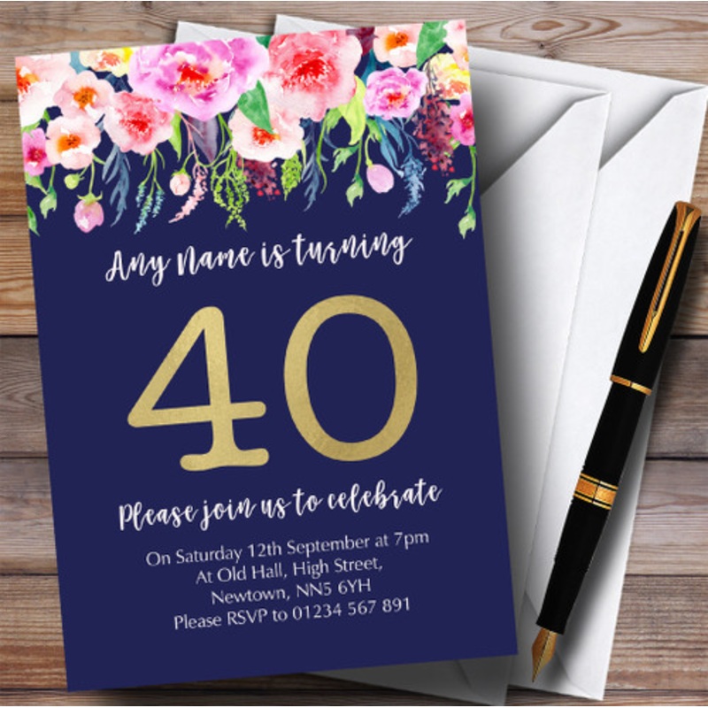 Blue and Pink Watercolour Flowers 40th Personalised Birthday Party Invitations – The Card Zoo