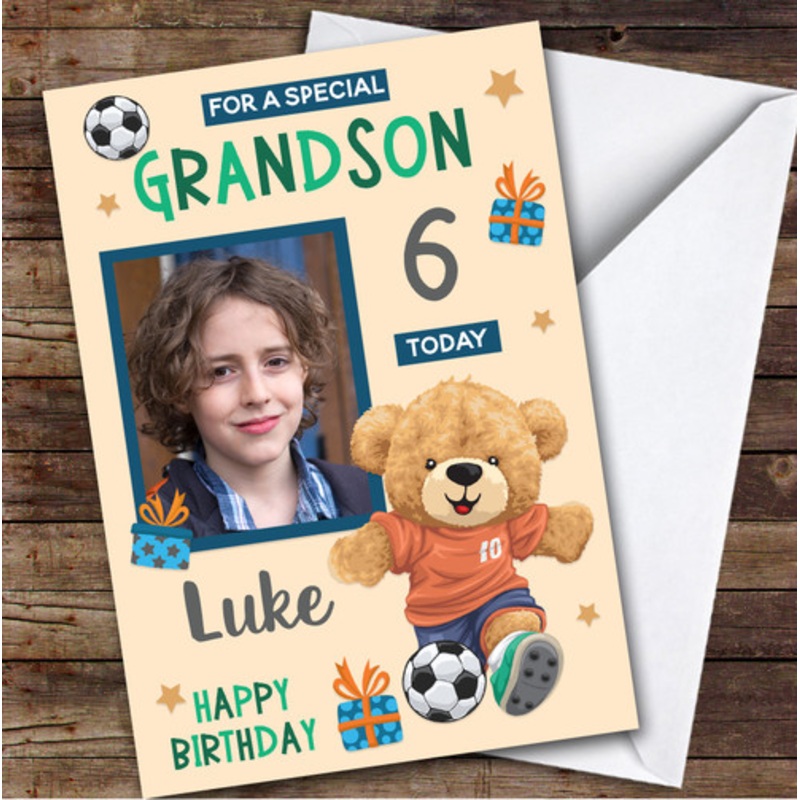 Boy’s Football Bear Orange Photo Grandson 6th Birthday Personalised Card – The Card Zoo
