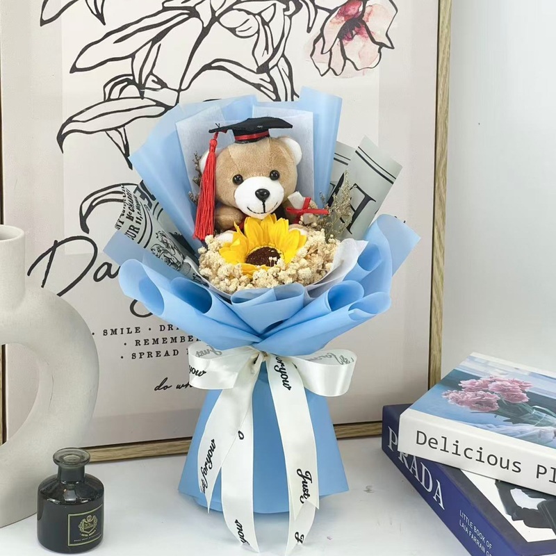 Graduation Bear with Sunflower vintage style Bouquet