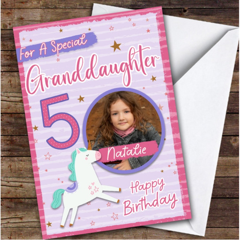 Granddaughter 5th Pink Unicorn Photo Custom Personalised Birthday Card – The Card Zoo