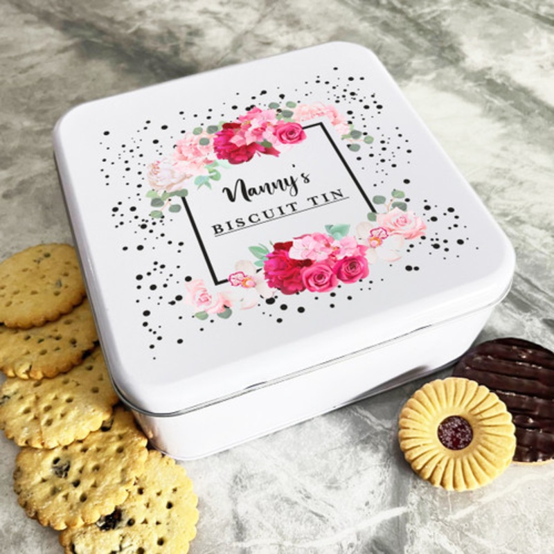 Personalised Square Black Dots Pink Roses Nanny’s Cake Treat Sweets Biscuit Tin – The Card Zoo