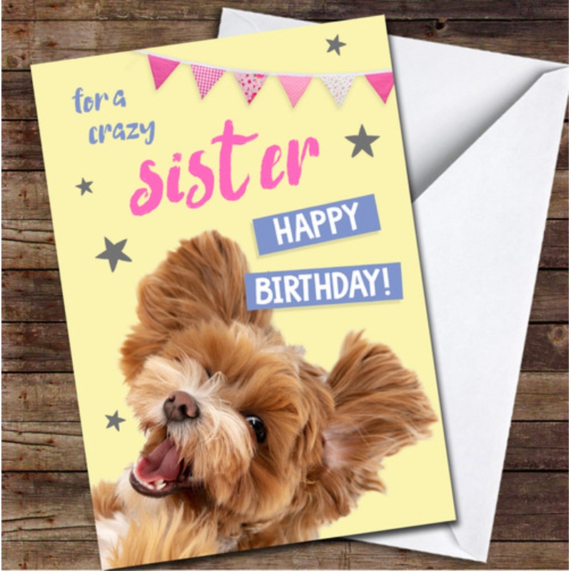 Sister Happy Birthday Crazy Funny Dog Photo Yellow Personalised Birthday Card – The Card Zoo