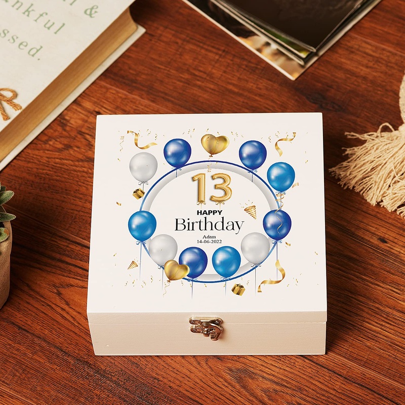 13 Birthday Gift Personalised Wooden Keepsake Memory Box Balloons