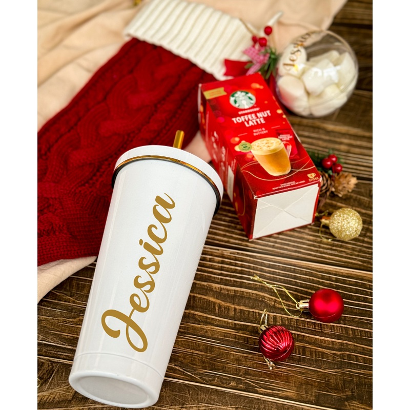 Scarlet Delights Set A | Christmas 2023 Knitted Decoration Socks With Customizable Thermal Cup (Nationwide Delivery)