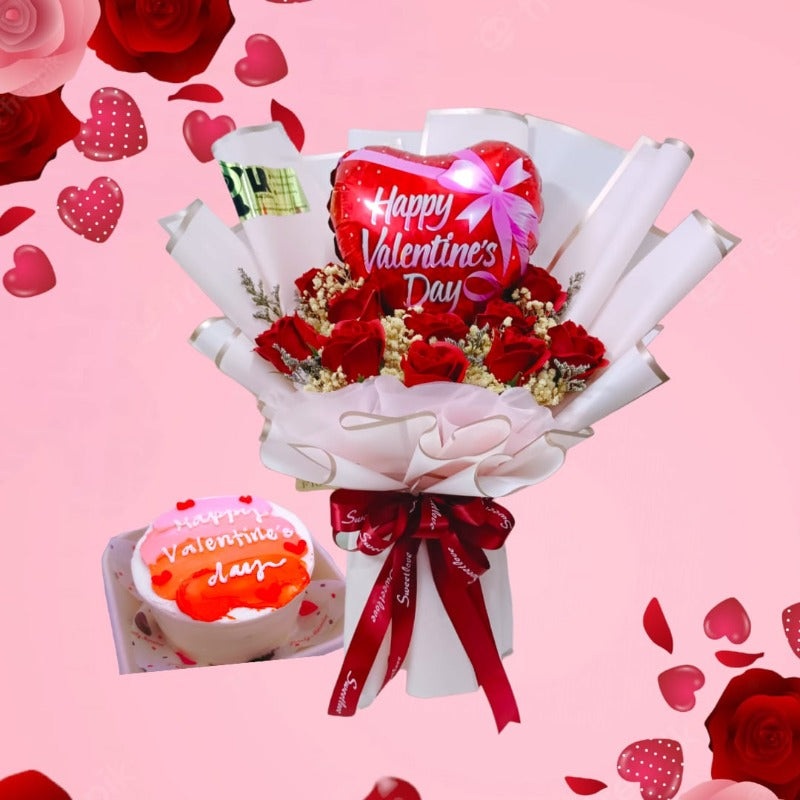 Valentine’s Day 2023 Love U 3000 Bouquet with Tasty Bento Cake (Artificial Flower) (Penang Delivery Only)