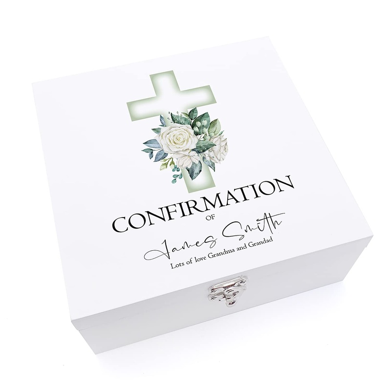 Personalised Confirmation Day Wooden Keepsake Memory Box With Green Cross