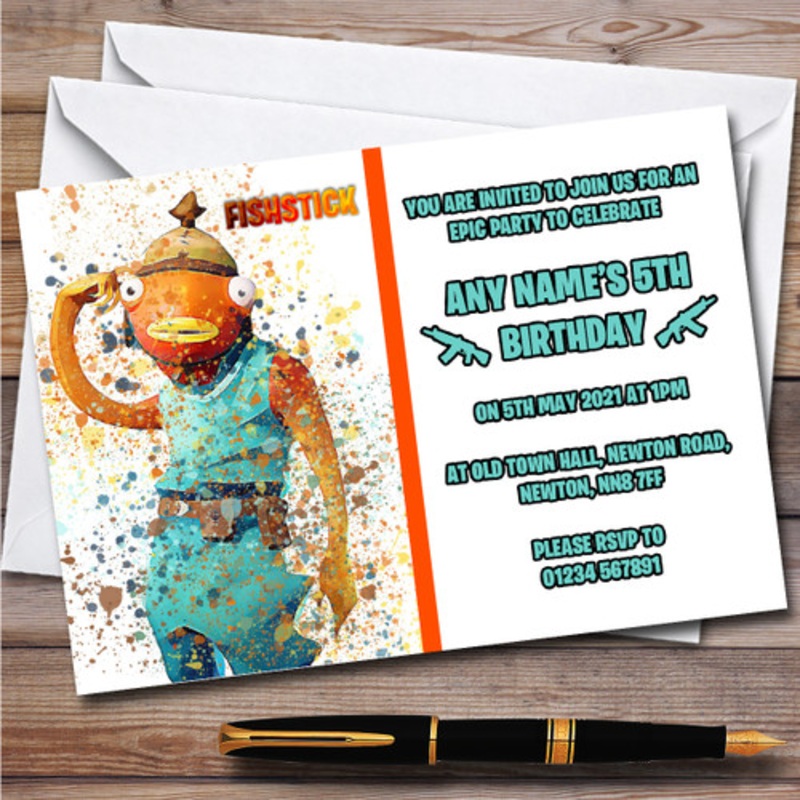 Splatter Art Gaming Fortnite Fishstick Children’s Birthday Party Invitations – The Card Zoo
