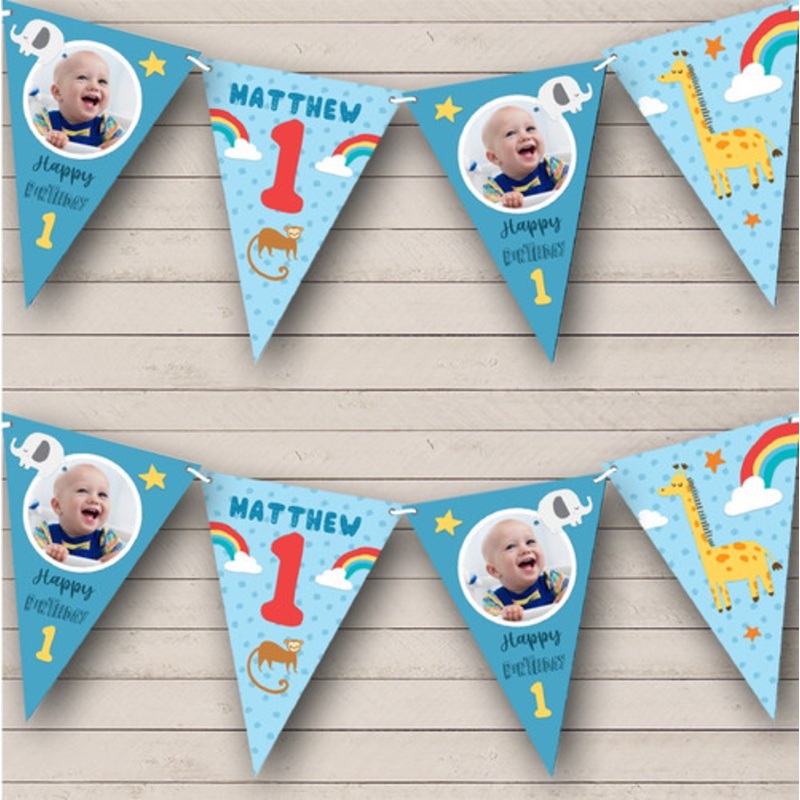 1st Birthday Boy Baby Animals Zoo Photo Blue Any Age Personalised Banner Bunting – The Card Zoo