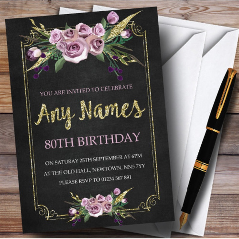 Chalk Effect Pink Gold Floral 80th Personalised Birthday Party Invitations – The Card Zoo