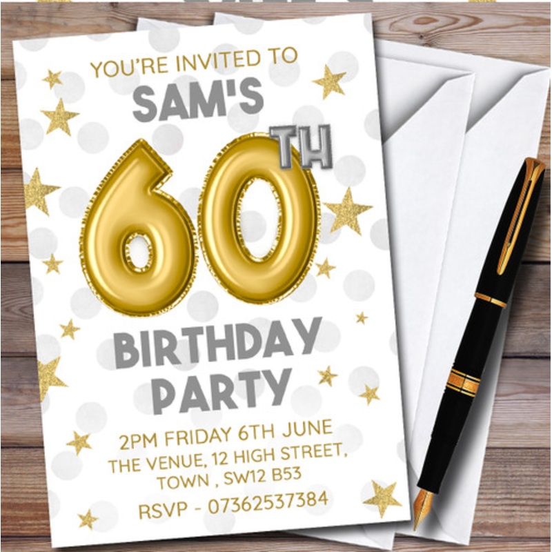 Gold Balloons and Stars 60th Personalised Birthday Party Invitations – The Card Zoo