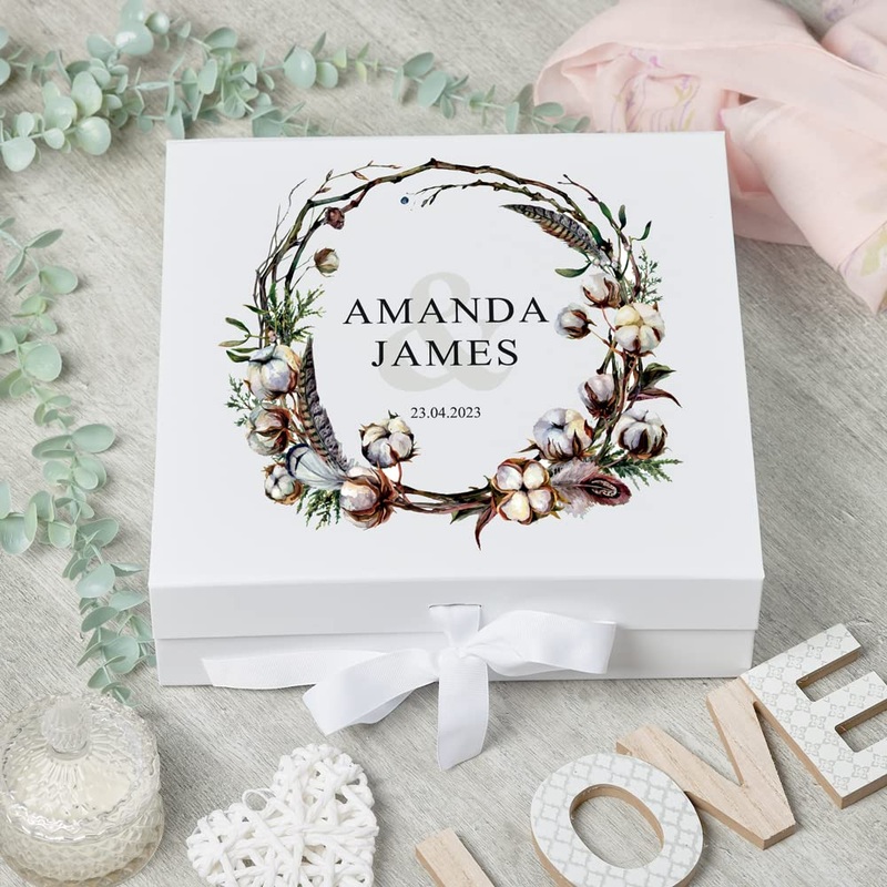 Personalised Wedding Keepsake Memory Box Gift with Watercolour Rustic Cotton Design