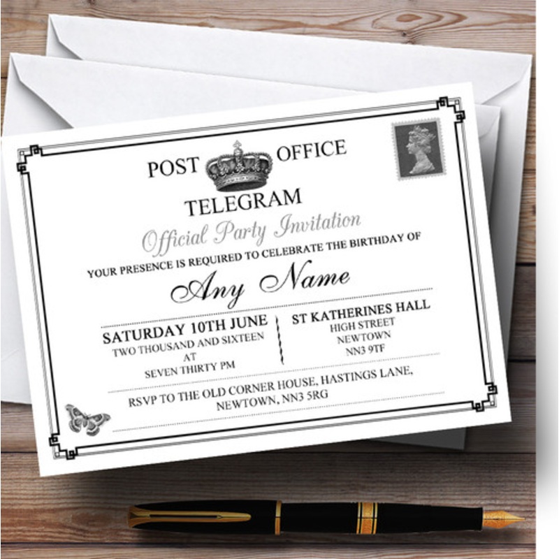 Vintage Telegram Elegant White Personalised Birthday Party Invitations – The Card Zoo