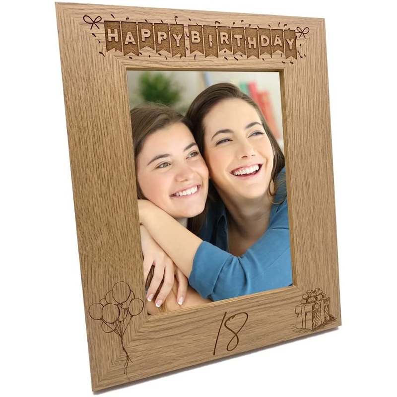 18th Birthday Photo Frame Portrait Wooden Engraved Bunting Style Gift
