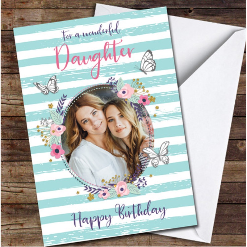 Daughter Birthday Flower Wreath Photo Floral Stripe Turquoise Personalised Card – The Card Zoo