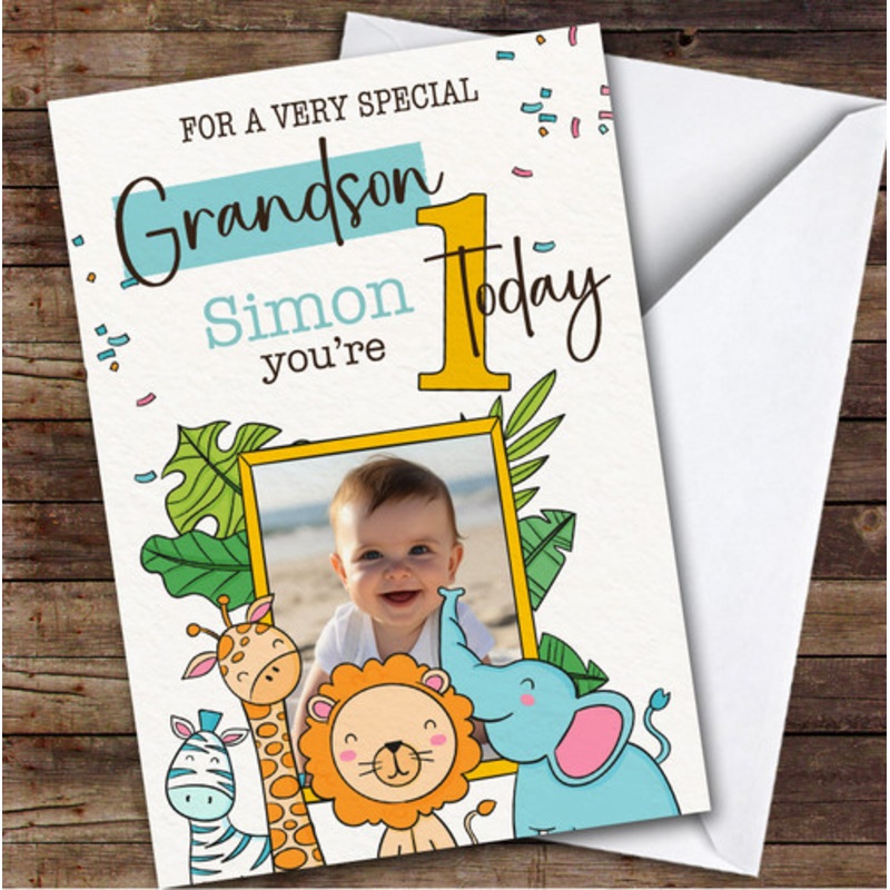 Grandson 1st Safari Animals Photo Boys Custom Personalised Birthday Card – The Card Zoo
