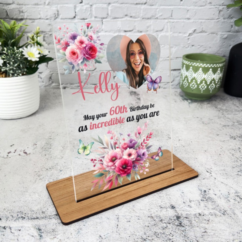 60th Birthday Gift For Female Pink Floral Heart Photo Personalised Gift Plaque – The Card Zoo