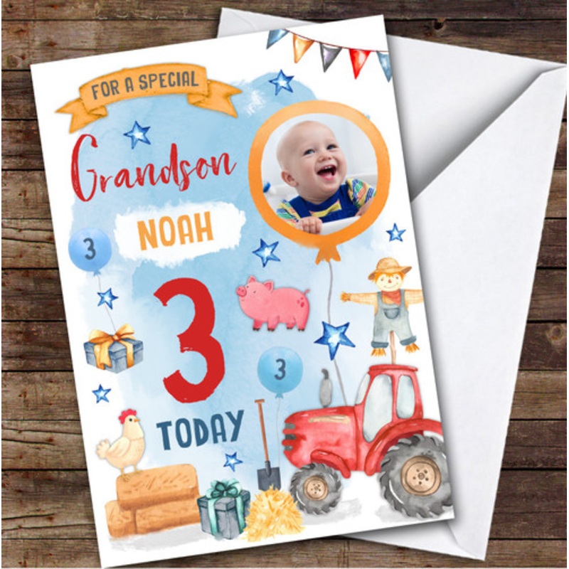 Animal Farm Tractor Photo Grandson 3rd Boys Custom Personalised Birthday Card – The Card Zoo